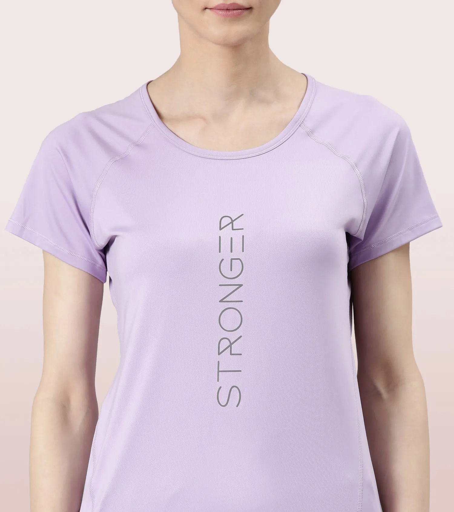 Enamor Active Dry Fit Graphic Tee For Women | Basic T-Shirt With Raglan Sleeve & Scoop Neck Design | Mauve Love - Fearless Graphic