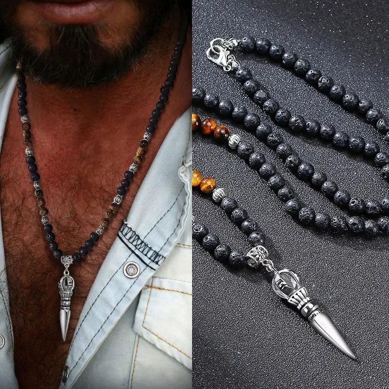 Fernando Steel & Brazilian Lava Beads Pendant Necklace