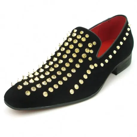 Fiesso Black Suede Gold Spiked Loafers