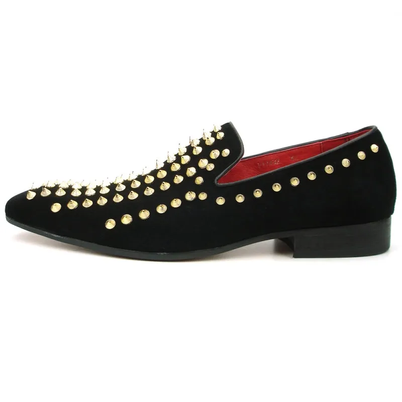 Fiesso Black Suede Gold Spiked Loafers