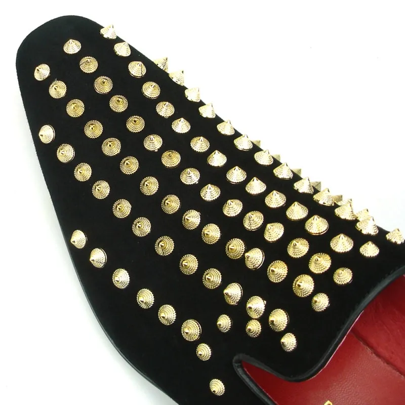 Fiesso Black Suede Gold Spiked Loafers