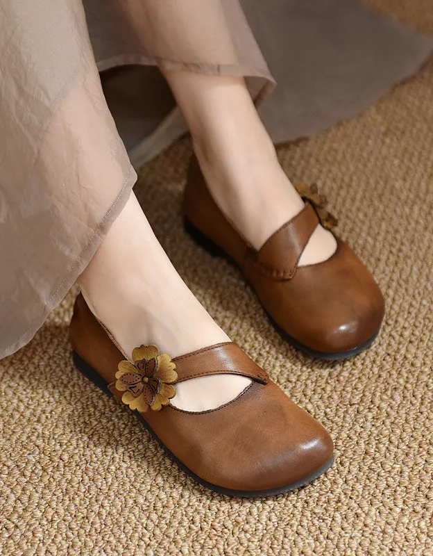 Flower Strap Comfartable Leather Retro Flat Shoes