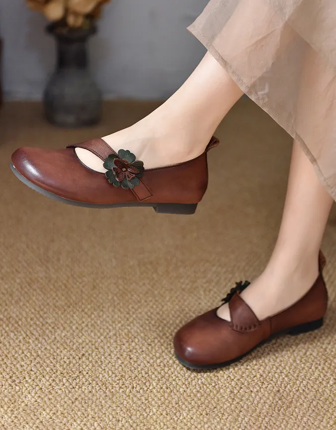 Flower Strap Comfartable Leather Retro Flat Shoes