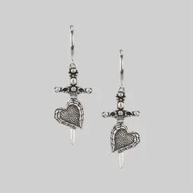 FORBIDDEN. Heart Dagger Hoop Earrings - Silver