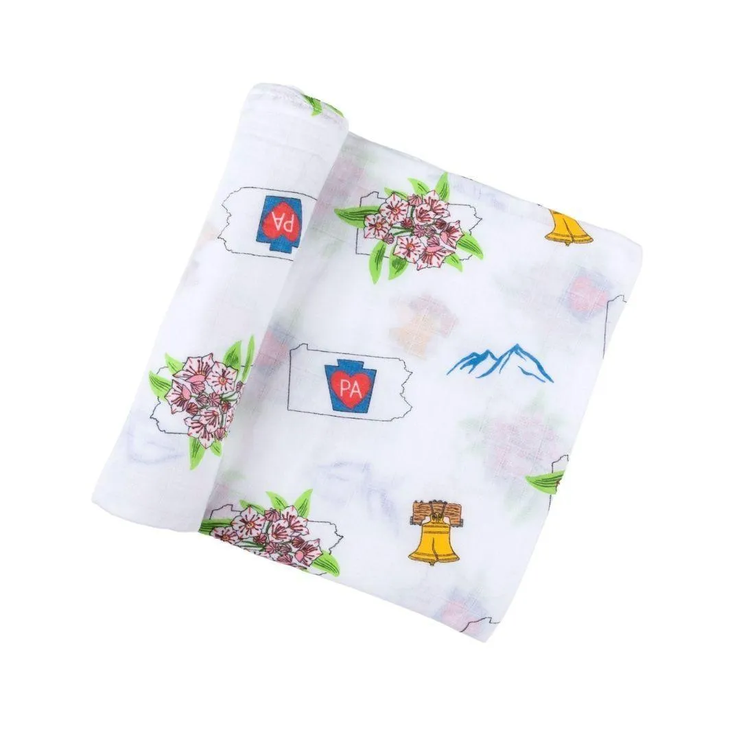 Gift Set: Pennsylvania Baby Muslin Swaddle Blanket and Burp Cloth/Bib Combo