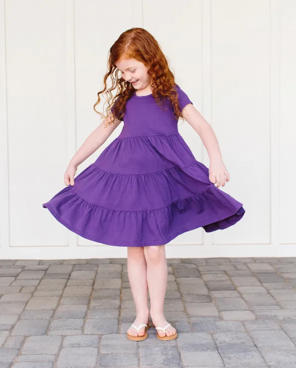 Girls Soft Cotton Jersey Short Sleeve Tiered Dress | Deep Purple