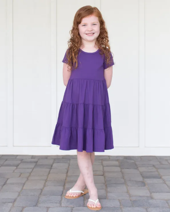 Girls Soft Cotton Jersey Short Sleeve Tiered Dress | Deep Purple