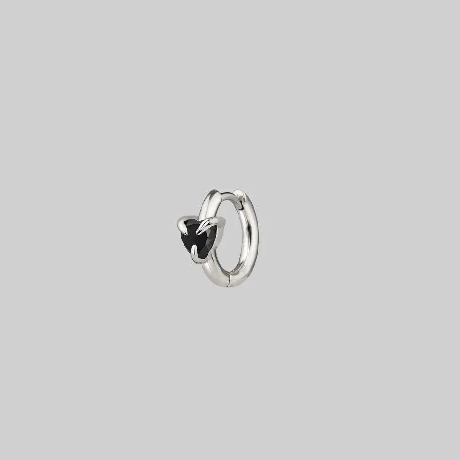 HEART & SOUL. Black Spinel Heart Hoop Earrings - Silver