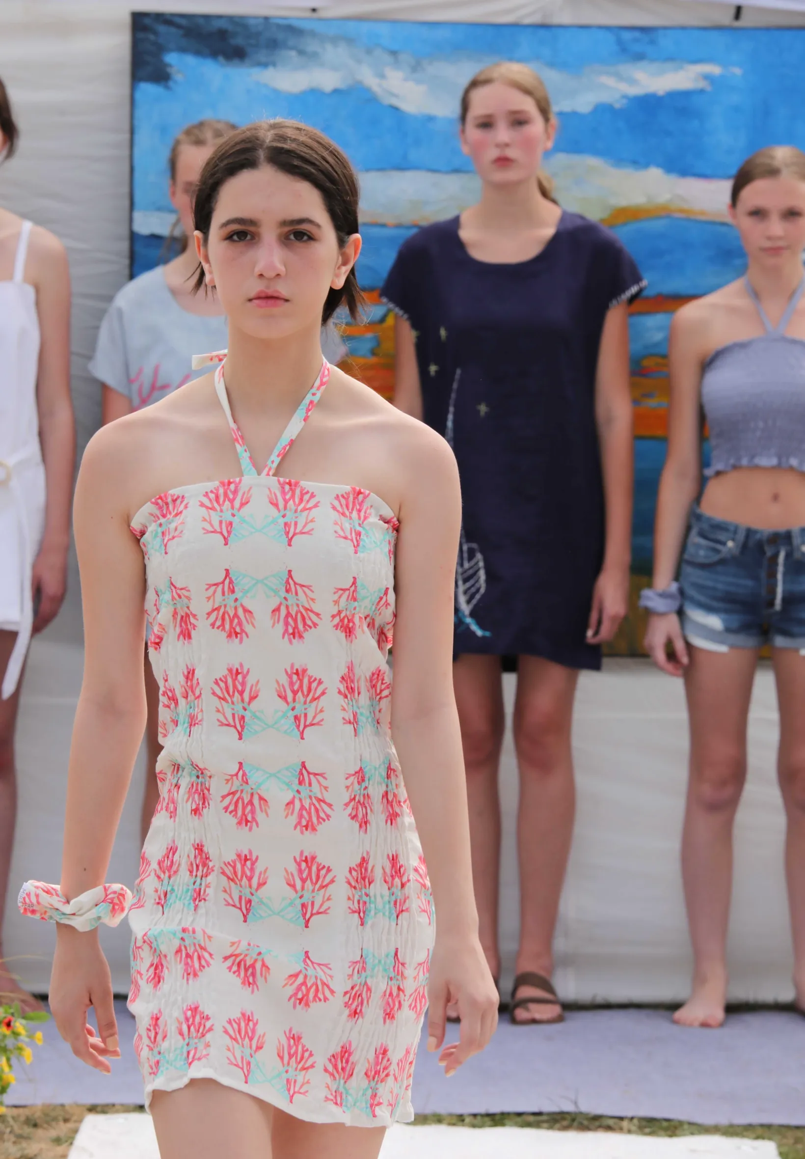 Hot pink and Blue coral print scrunchie dress