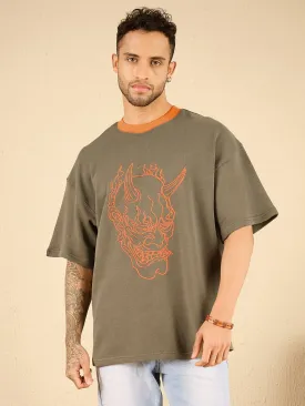 Khaki Demon Embroidered Oversized Tshirt