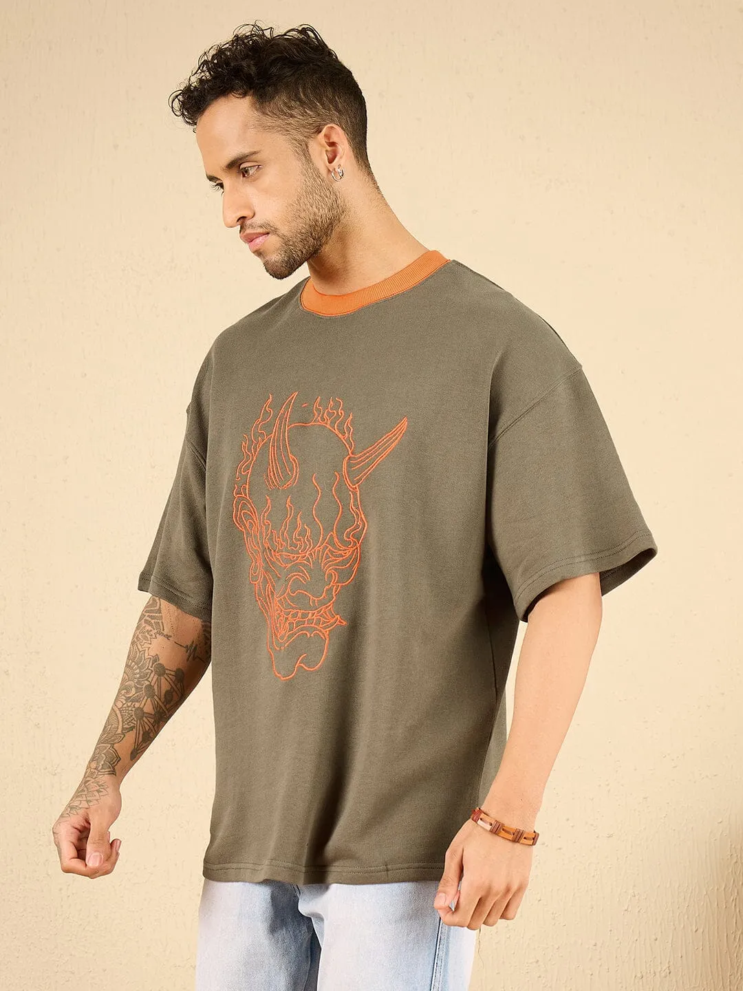 Khaki Demon Embroidered Oversized Tshirt