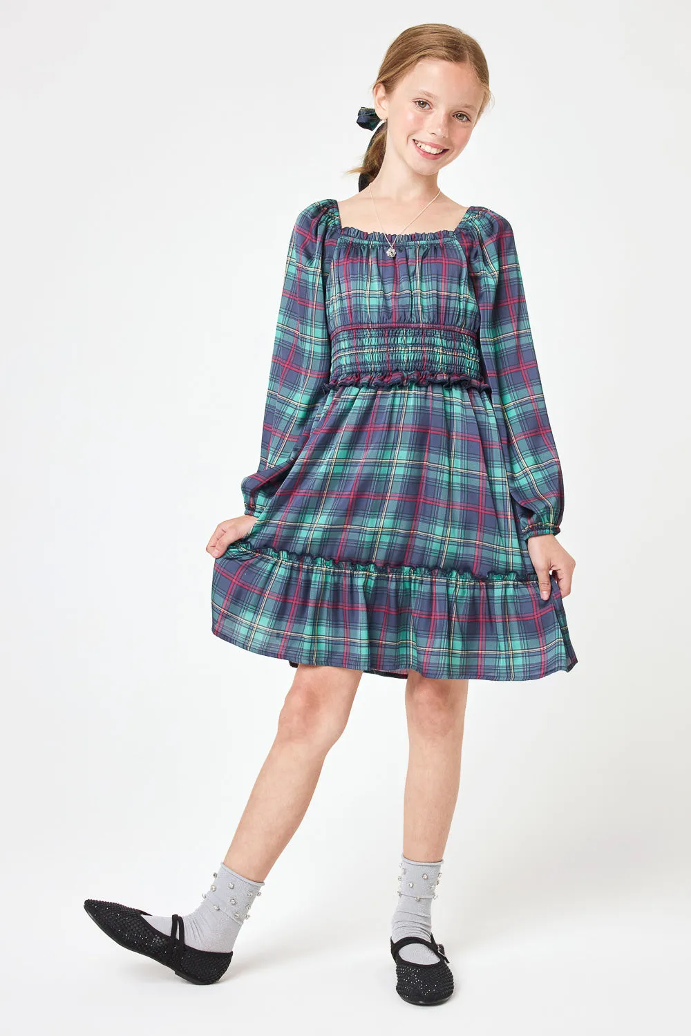 Kids Green Plaid LS Dress w Necklace