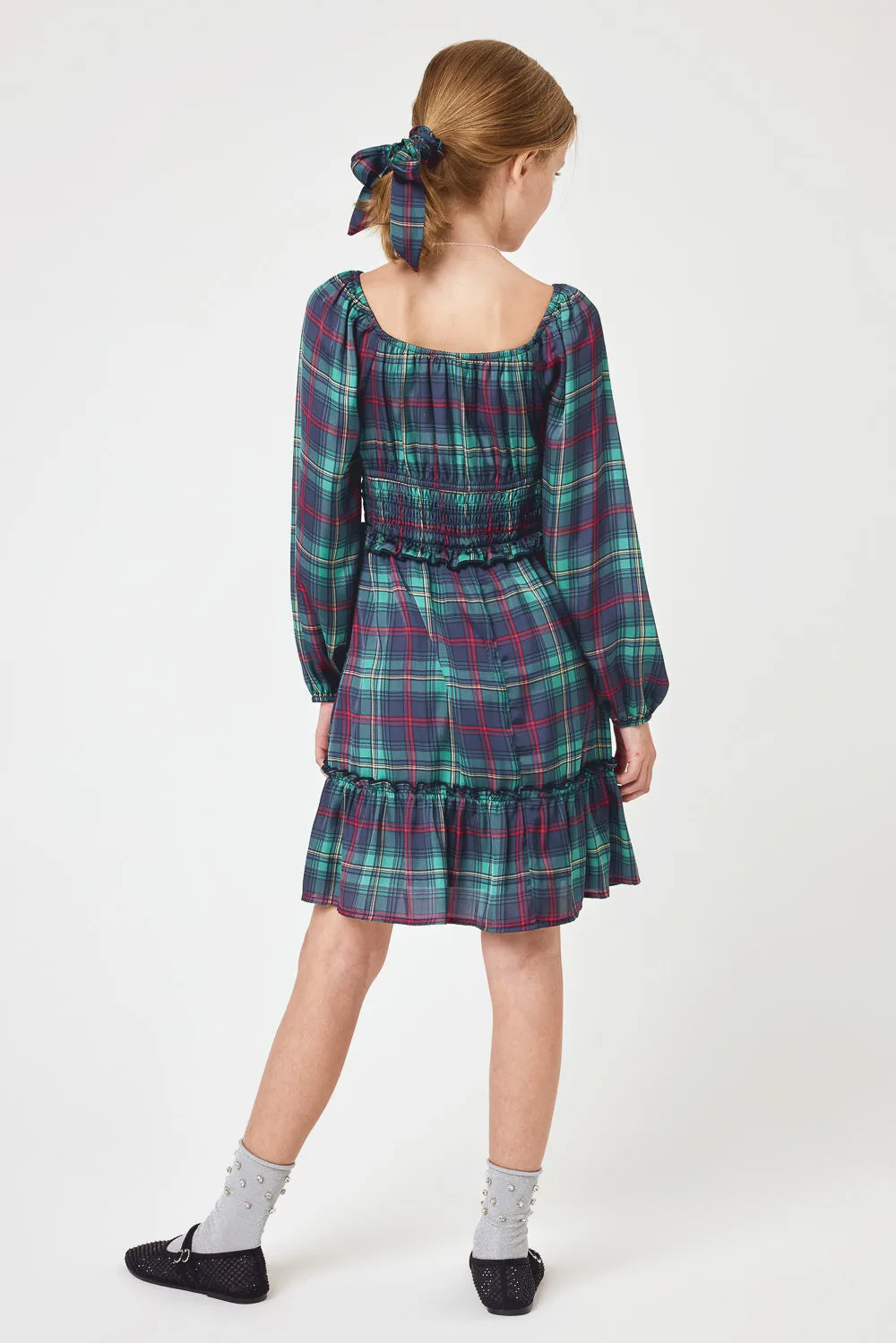 Kids Green Plaid LS Dress w Necklace