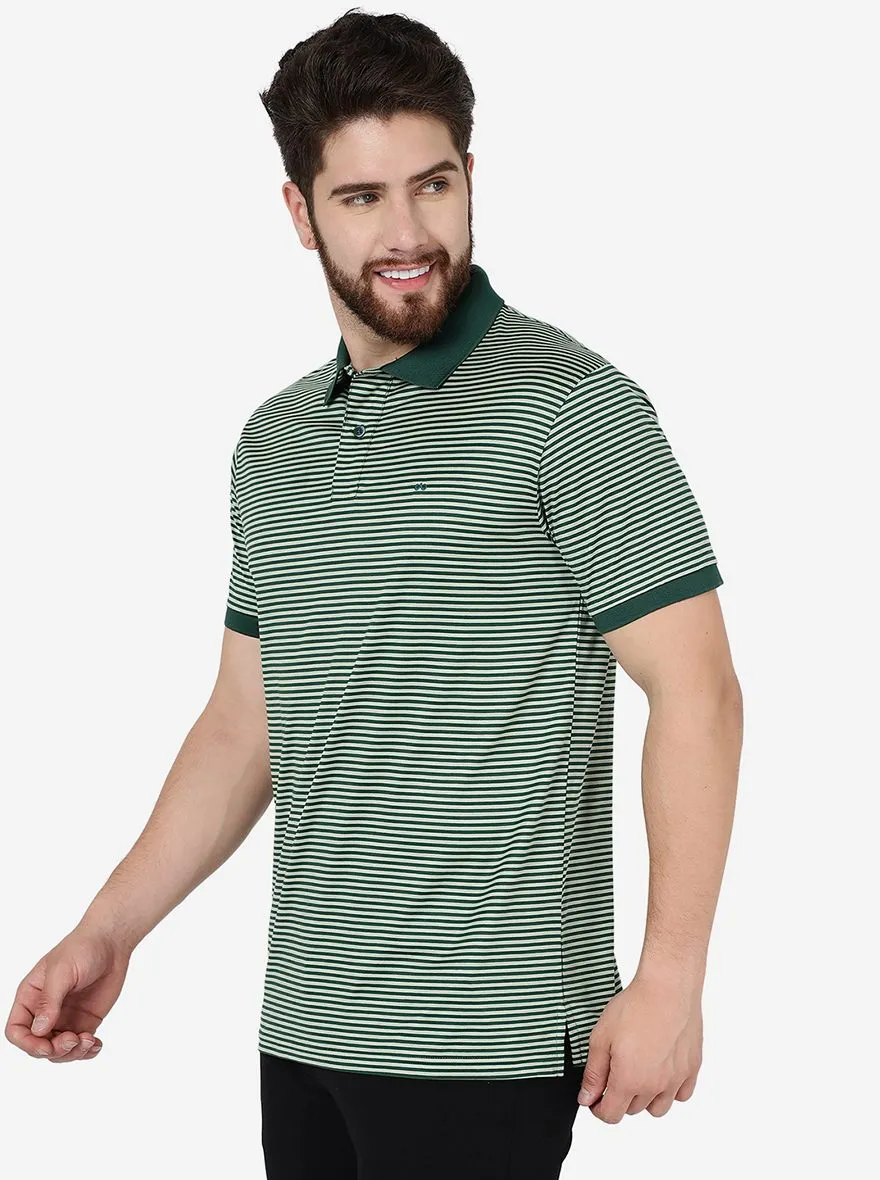 Light Green Striped Slim Fit Polo T-Shirt | JadeBlue