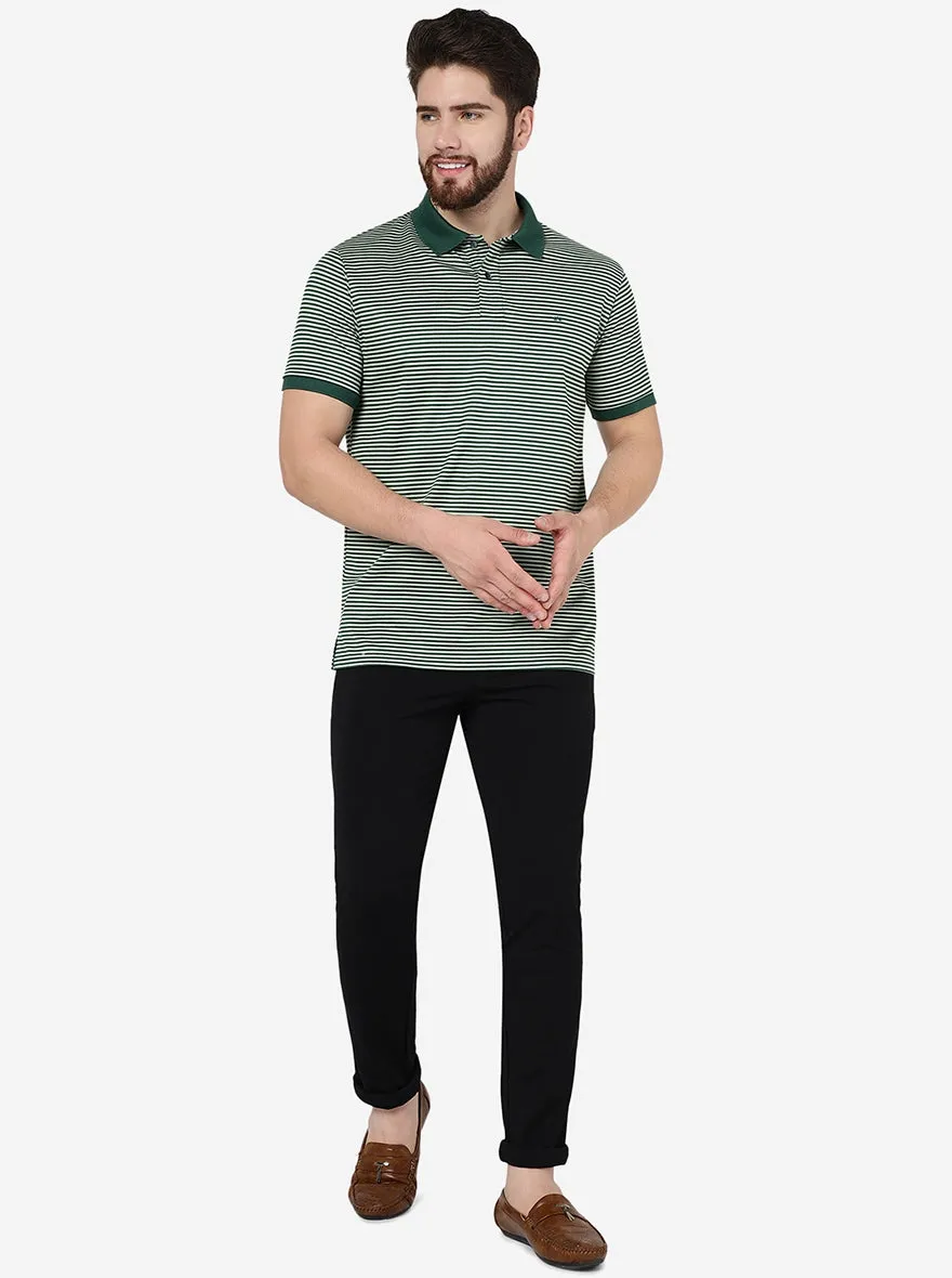 Light Green Striped Slim Fit Polo T-Shirt | JadeBlue