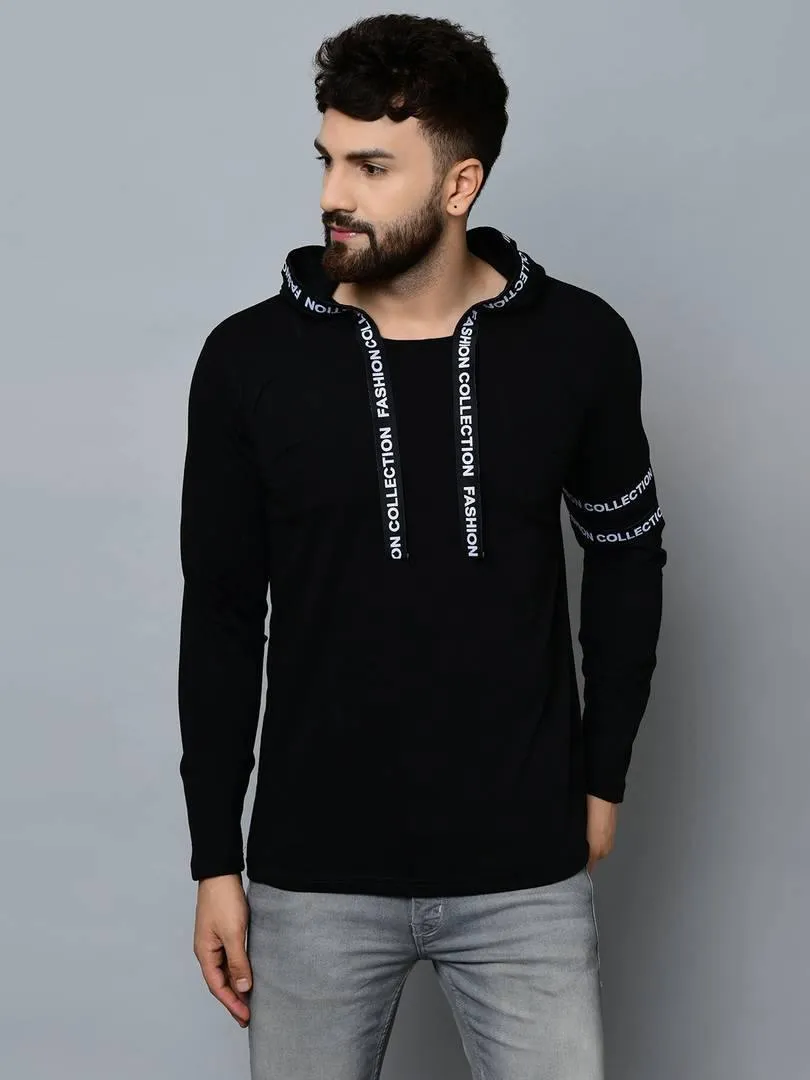 Men's Black Cotton Self Pattern Hooded Tees