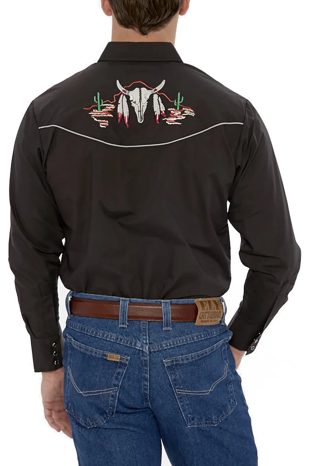 Men's Ely Cattleman Long Sleeve Western Snap Shirt with Cow Skull Embroidery