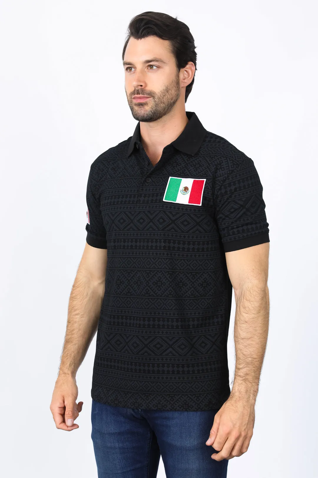 Mens Modern Fit Stretch MEXICO Cotton Polo with Aztec Print