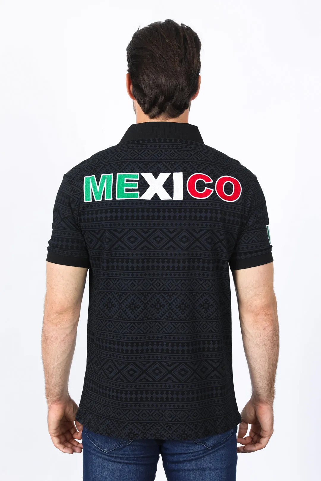 Mens Modern Fit Stretch MEXICO Cotton Polo with Aztec Print