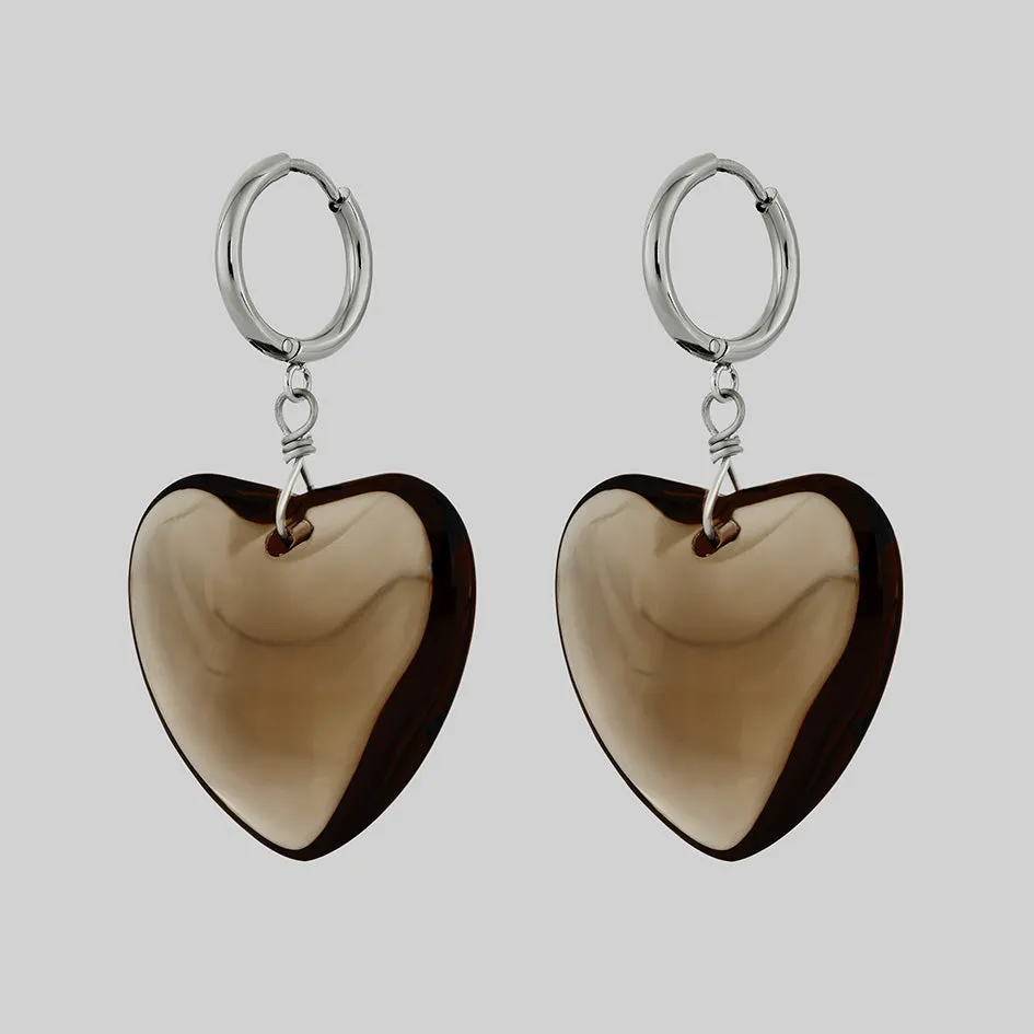 MINNA. Large Smoke-Black Glass Heart Hoop Earrings - Silver