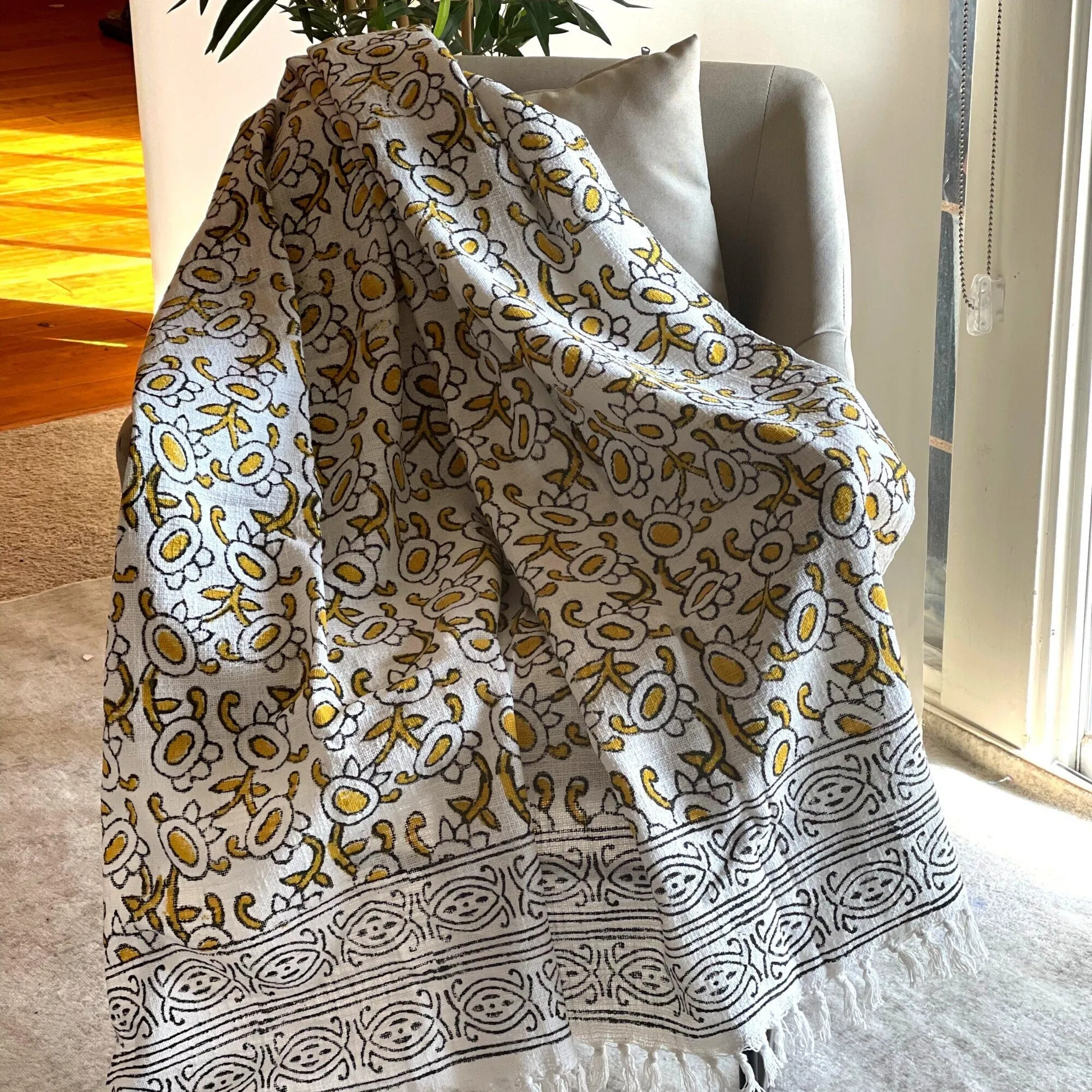 Mud cloth throw in soft cotton block print, Spring decor, Yellow floral throw blanket couch, Unique Handmade Gift for mother's day