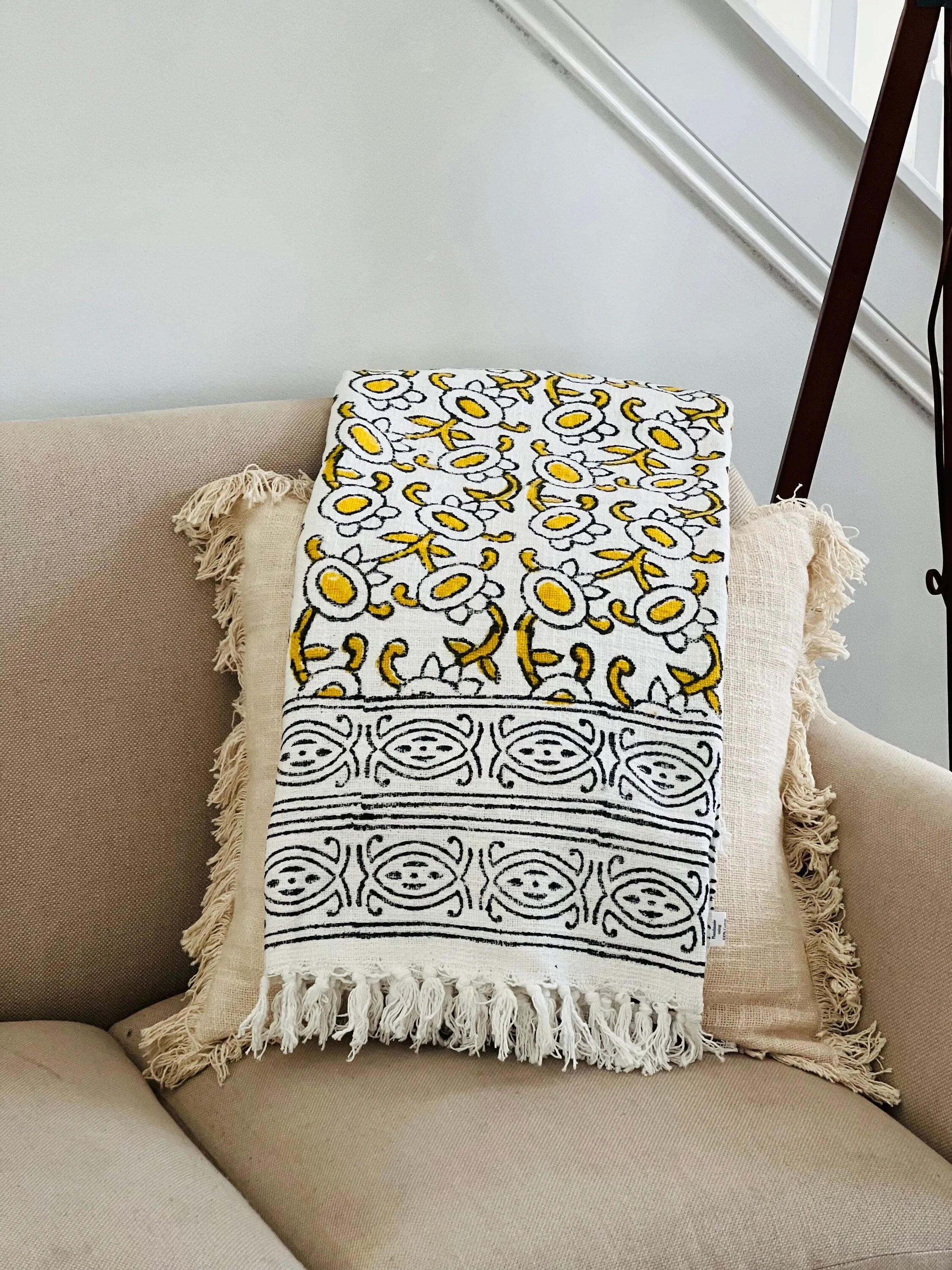 Mud cloth throw in soft cotton block print, Spring decor, Yellow floral throw blanket couch, Unique Handmade Gift for mother's day