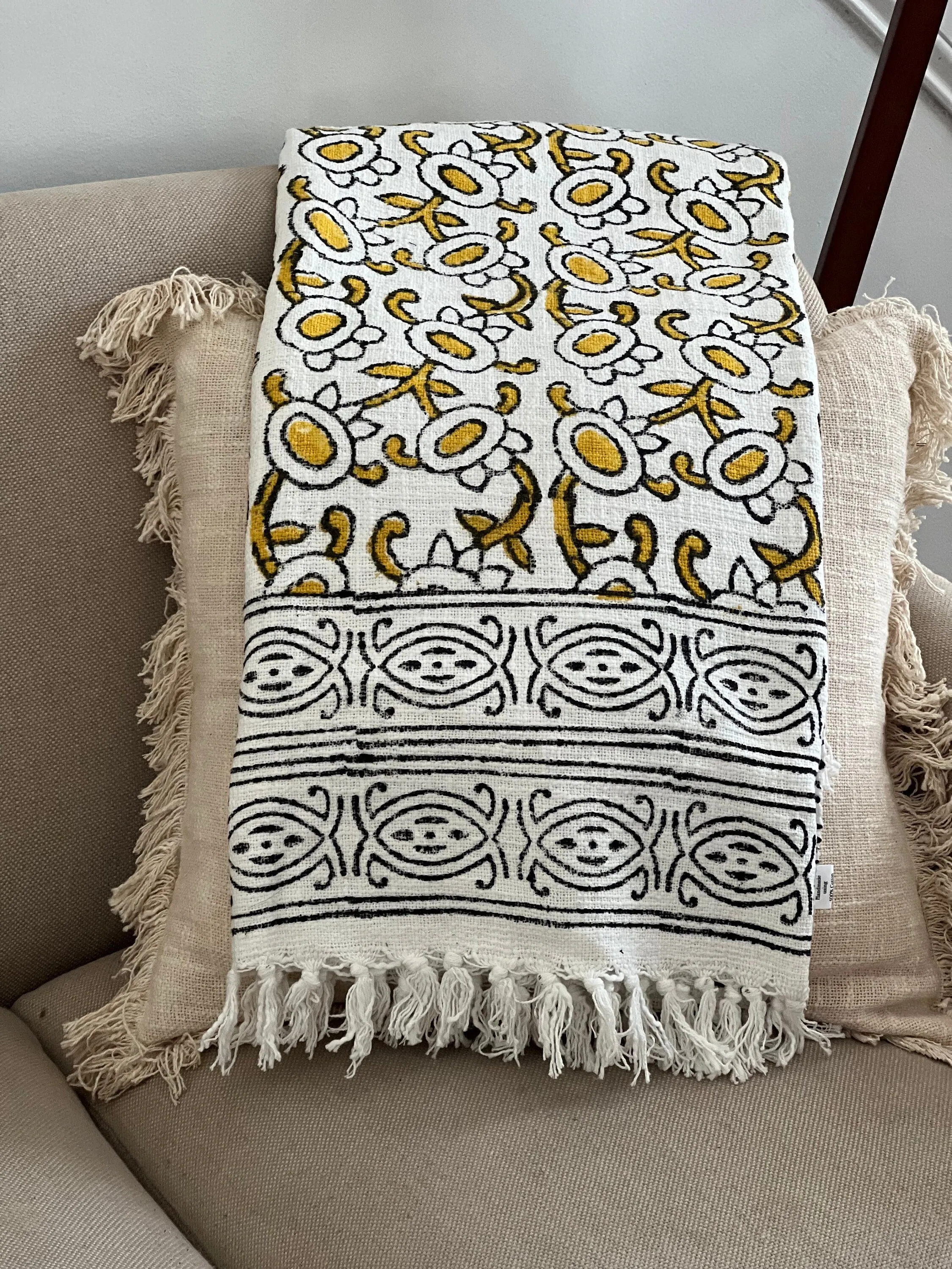 Mud cloth throw in soft cotton block print, Spring decor, Yellow floral throw blanket couch, Unique Handmade Gift for mother's day