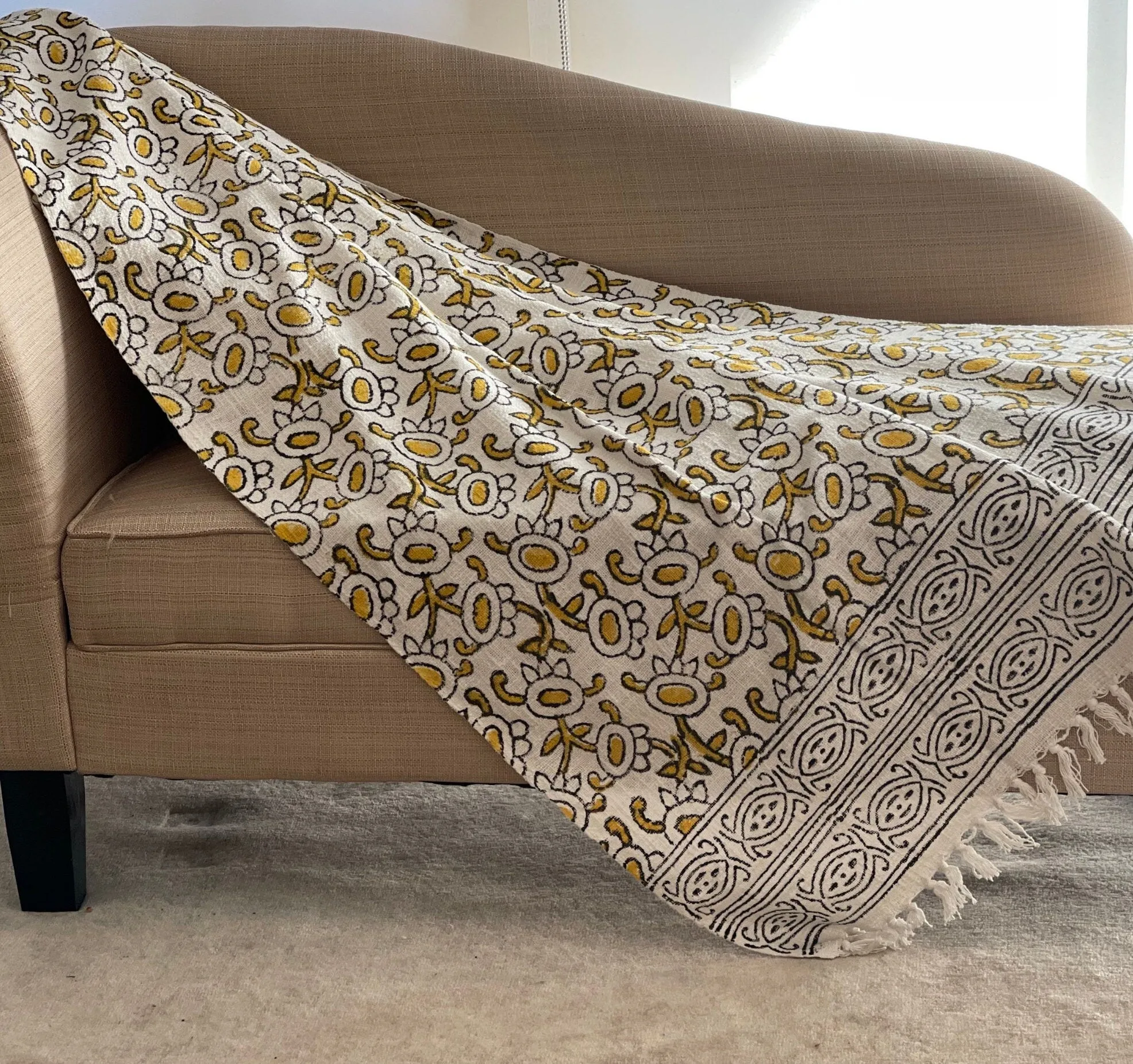 Mud cloth throw in soft cotton block print, Spring decor, Yellow floral throw blanket couch, Unique Handmade Gift for mother's day