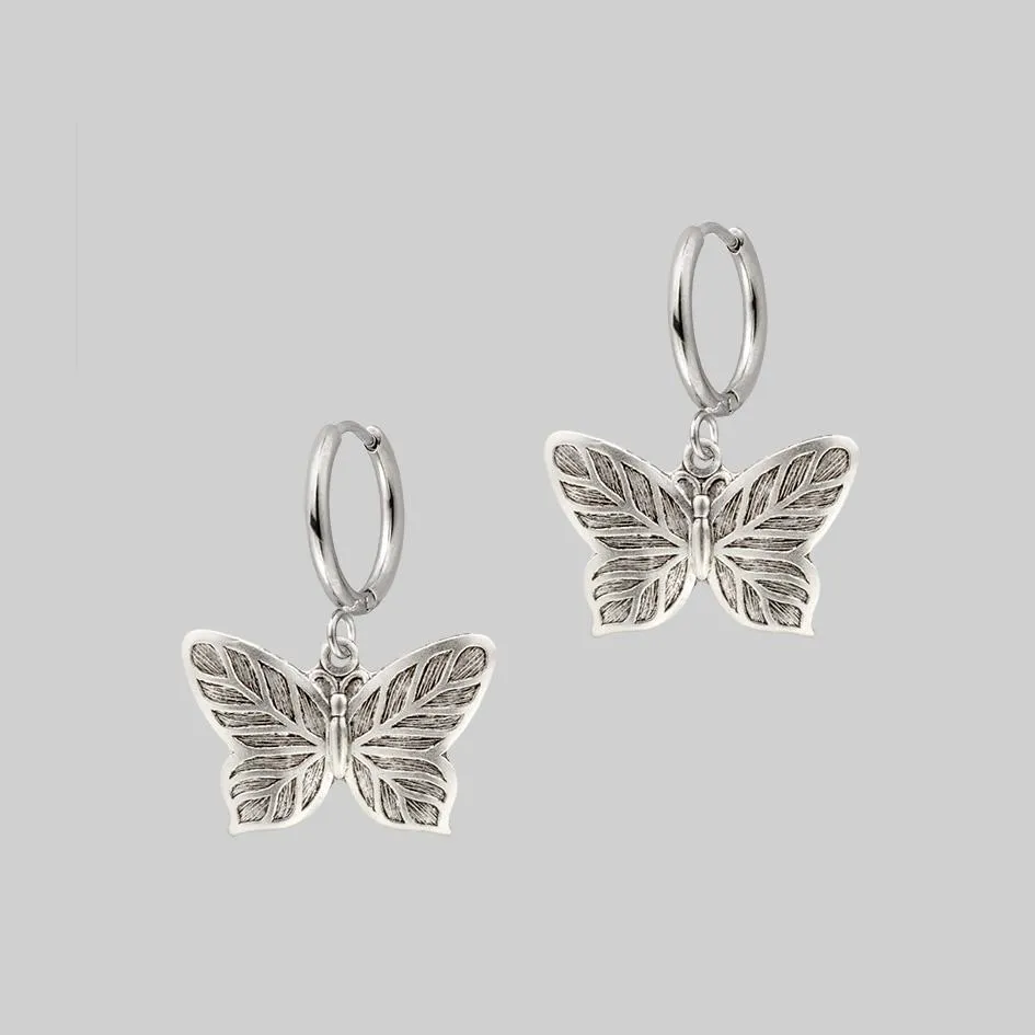 NEW DAWN. Butterfly Hoop Earrings - Silver