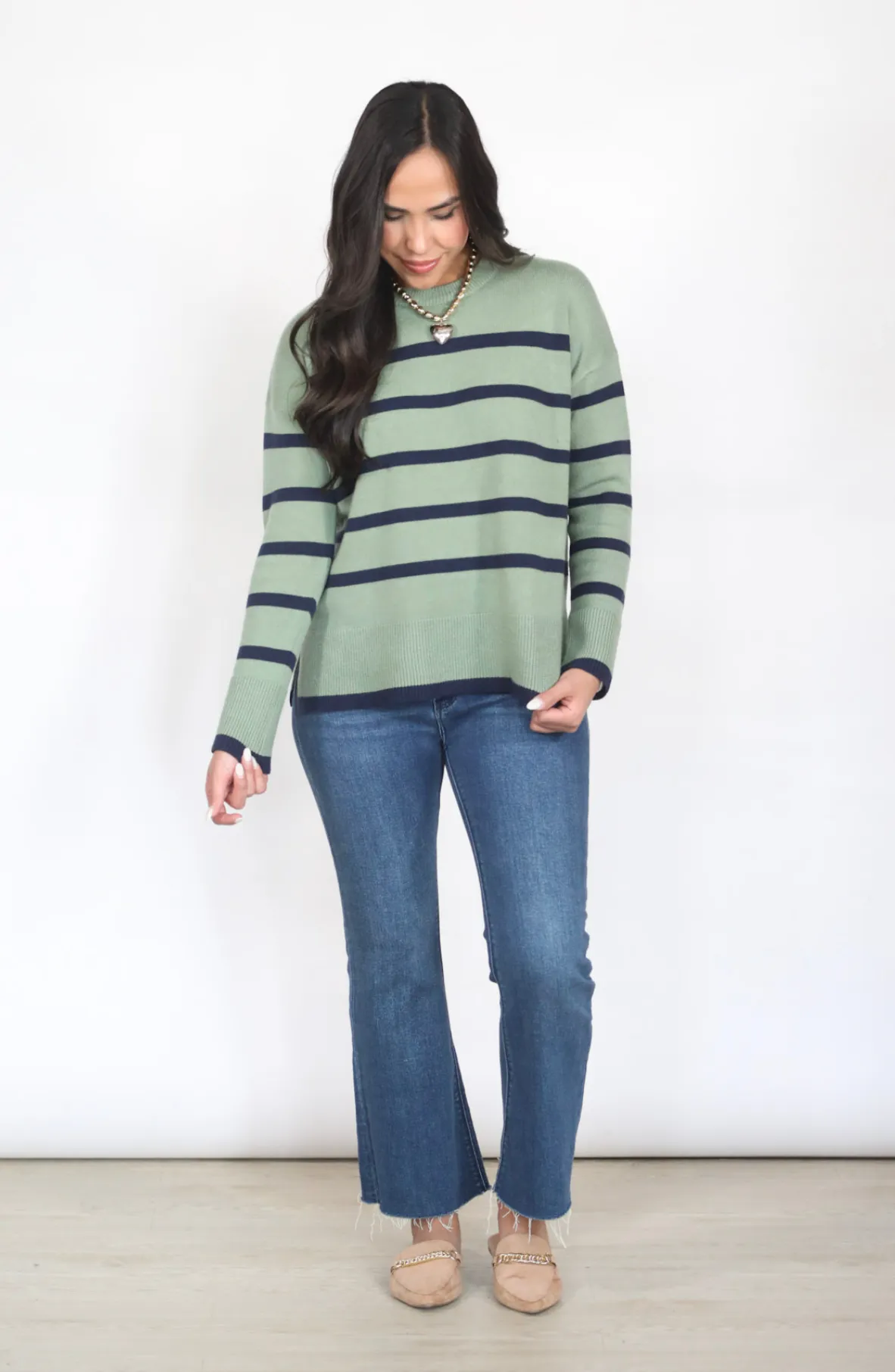 Out Of Curiosity Olive Green Striped Sweater