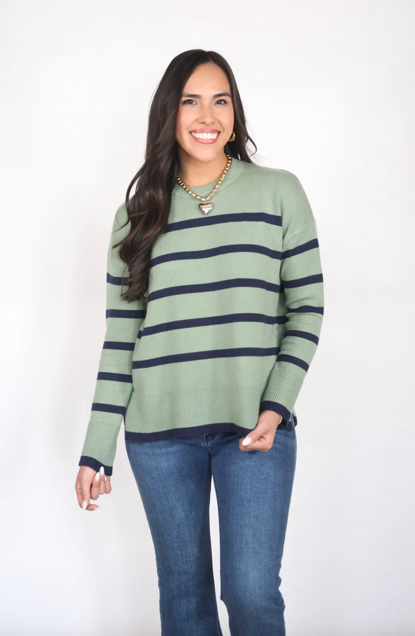 Out Of Curiosity Olive Green Striped Sweater