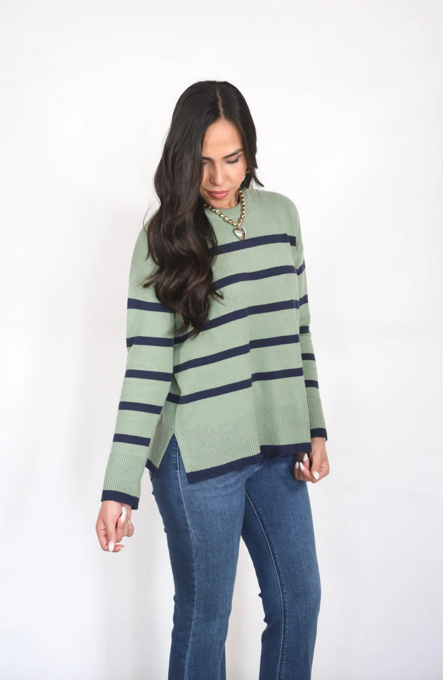 Out Of Curiosity Olive Green Striped Sweater