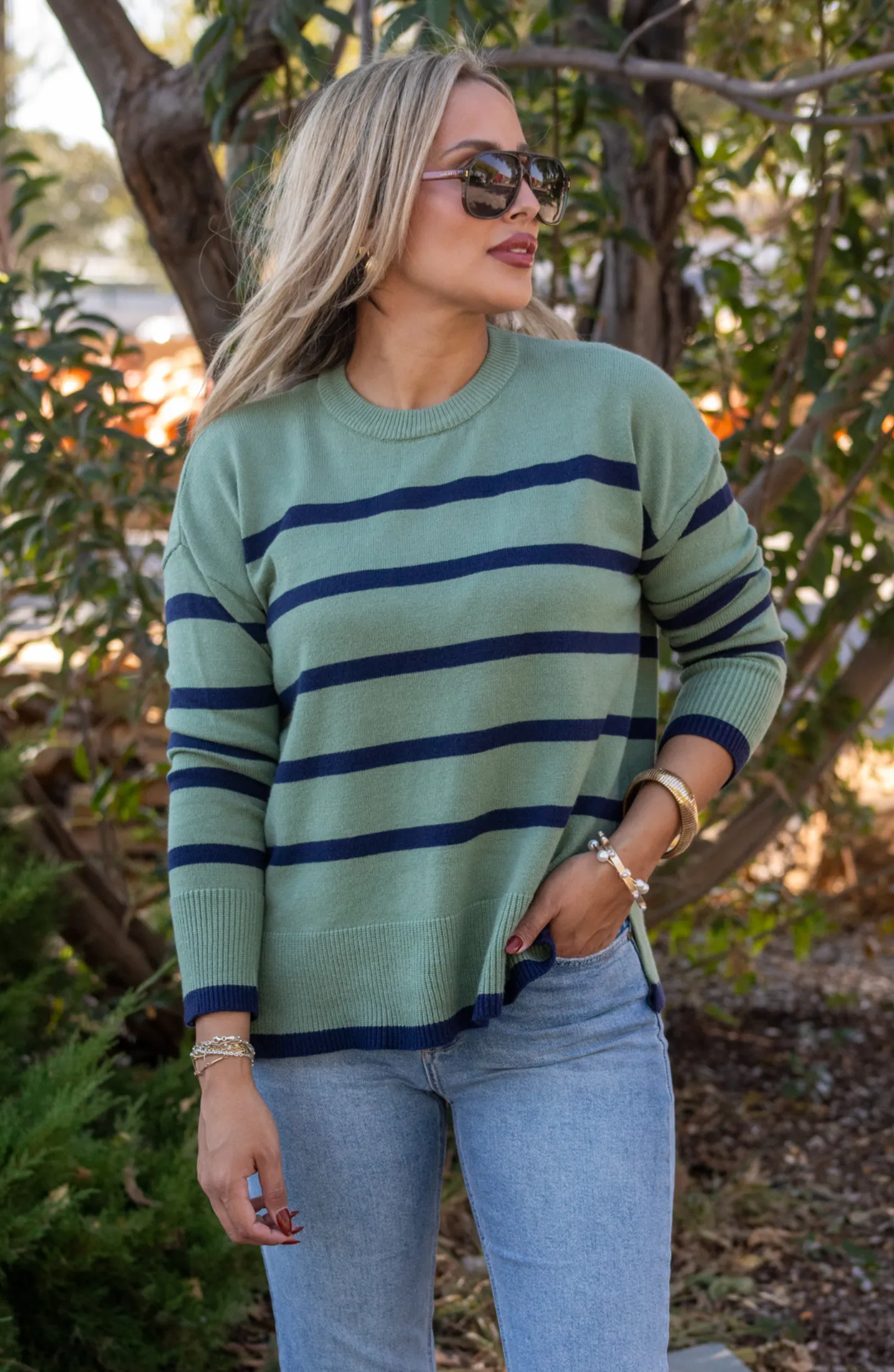 Out Of Curiosity Olive Green Striped Sweater