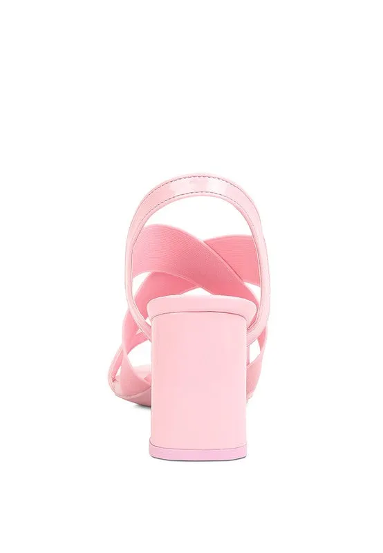 Pink Elastic Straps Block Heel Sandals