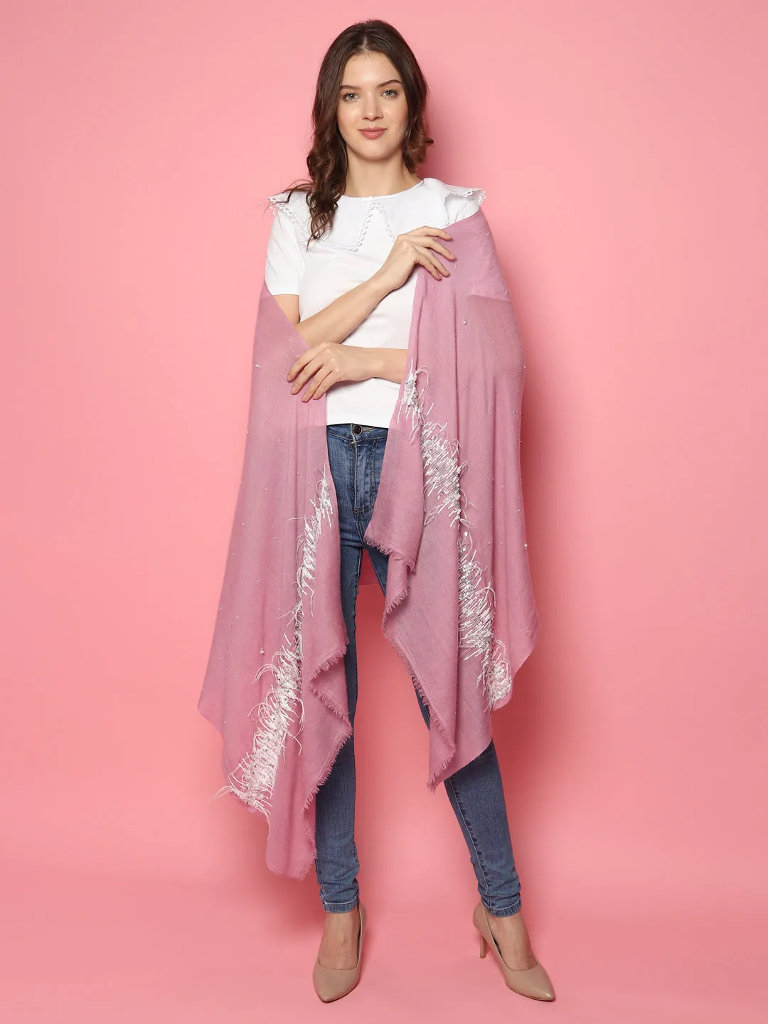 Pink Shawl 100% Pure Pashmina Shawl, hand embroidery feather border shawl, kashmiri shawls online