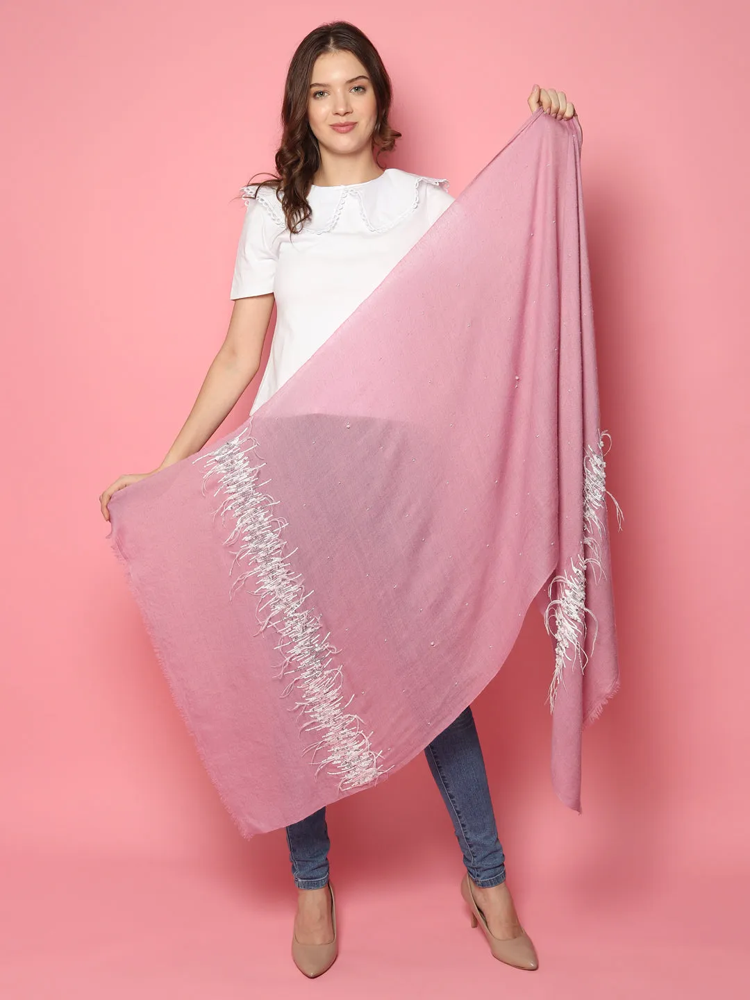 Pink Shawl 100% Pure Pashmina Shawl, hand embroidery feather border shawl, kashmiri shawls online