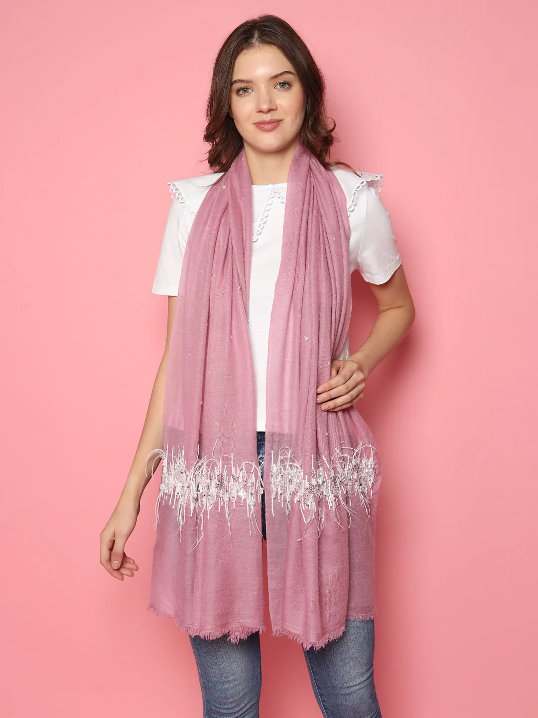 Pink Shawl 100% Pure Pashmina Shawl, hand embroidery feather border shawl, kashmiri shawls online