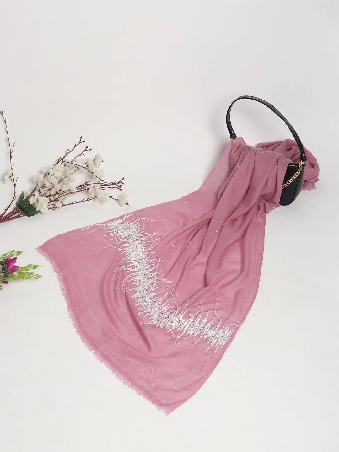 Pink Shawl 100% Pure Pashmina Shawl, hand embroidery feather border shawl, kashmiri shawls online