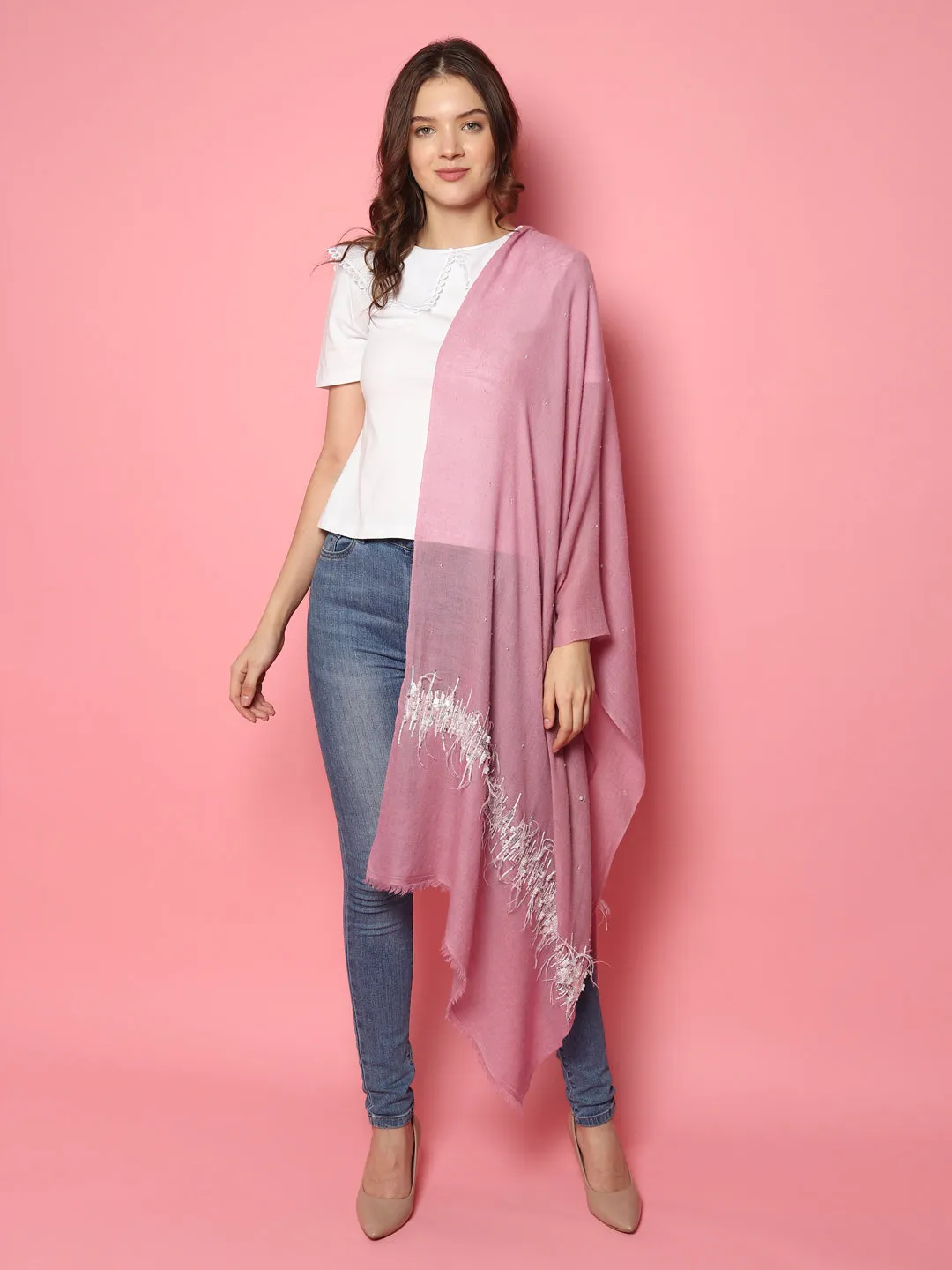 Pink Shawl 100% Pure Pashmina Shawl, hand embroidery feather border shawl, kashmiri shawls online