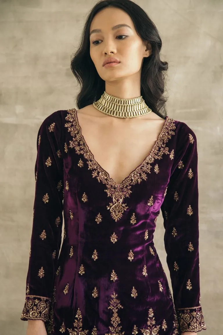 Plum Velvet Fitted Gharara Set