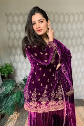 Plum Velvet Fitted Gharara Set