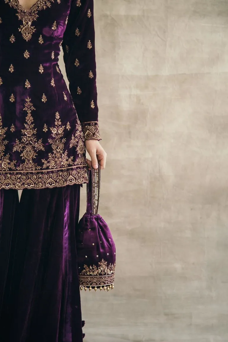 Plum Velvet Fitted Gharara Set