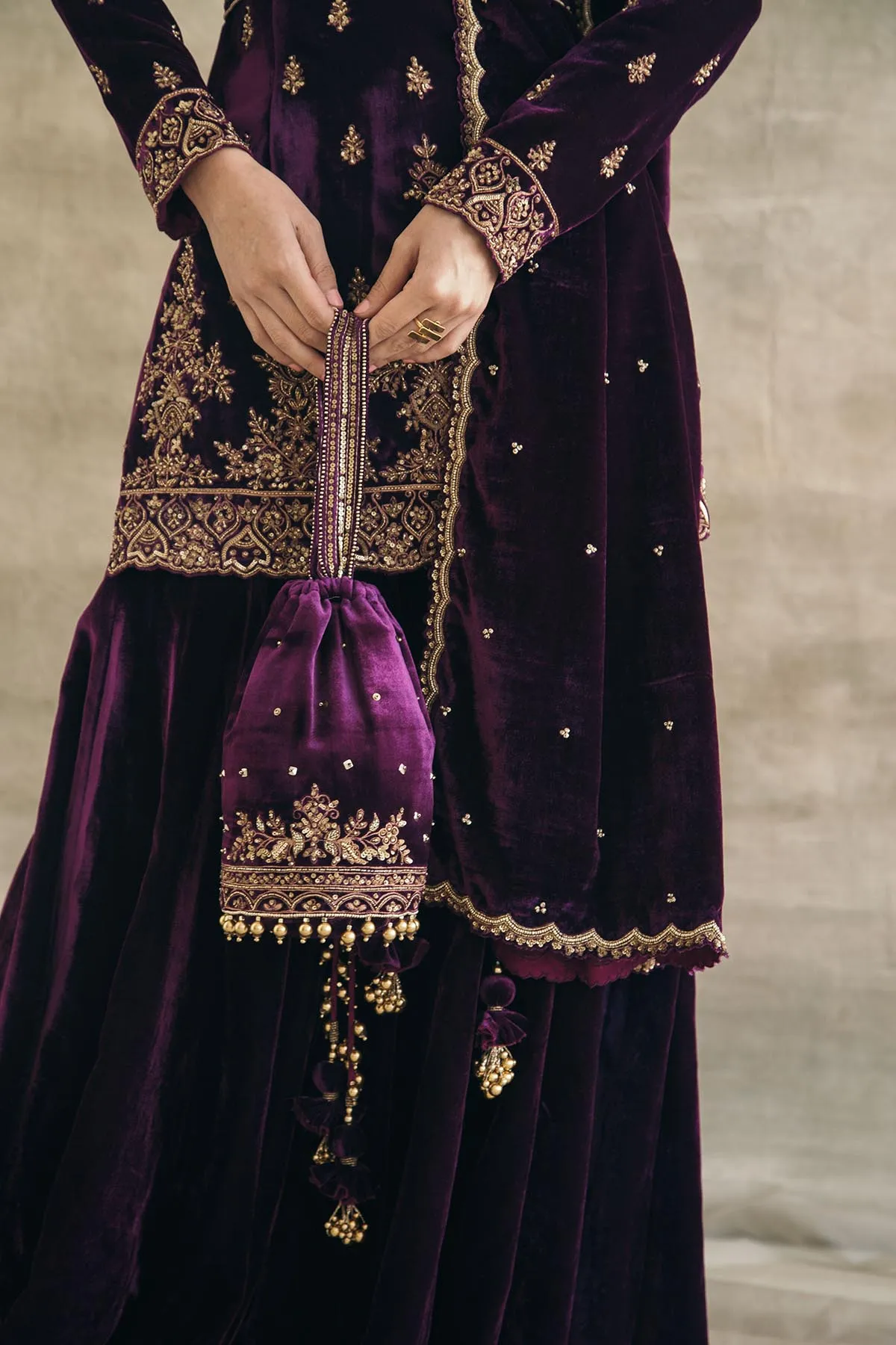 Plum Velvet Fitted Gharara Set