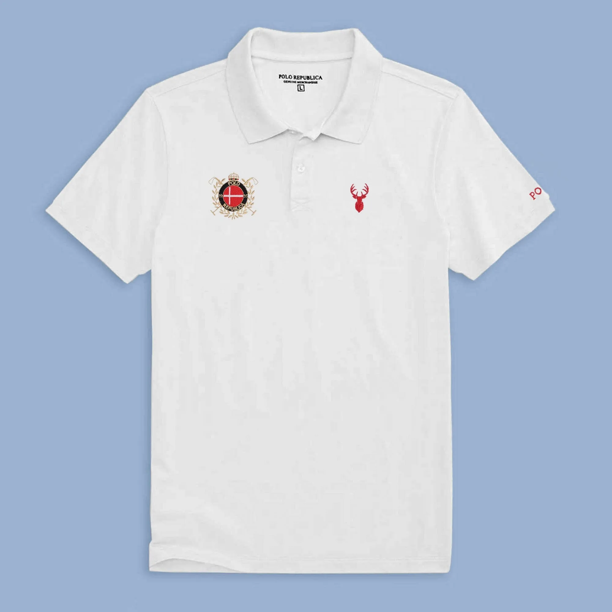 Polo Republica Men's Deer & Flag Crest Embroidered Short Sleeve Polo Shirt