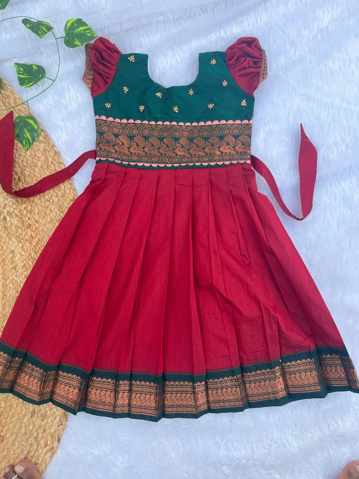 PRE ORDER : Dazzling Elegance: Maroon and Green Cotton Frock with Puff Sleeves