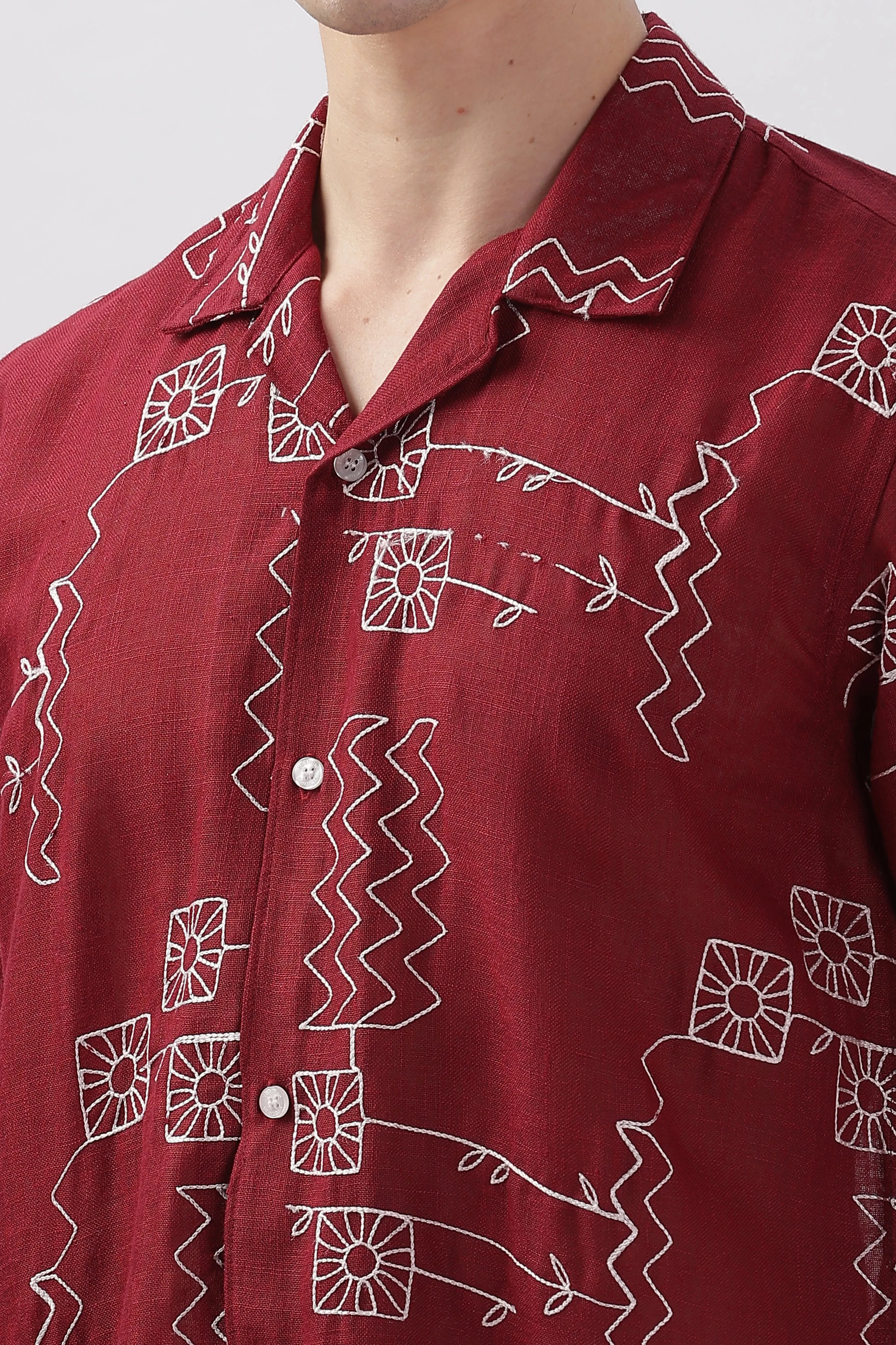 Red abstract linen embroidered half sleeve shirt