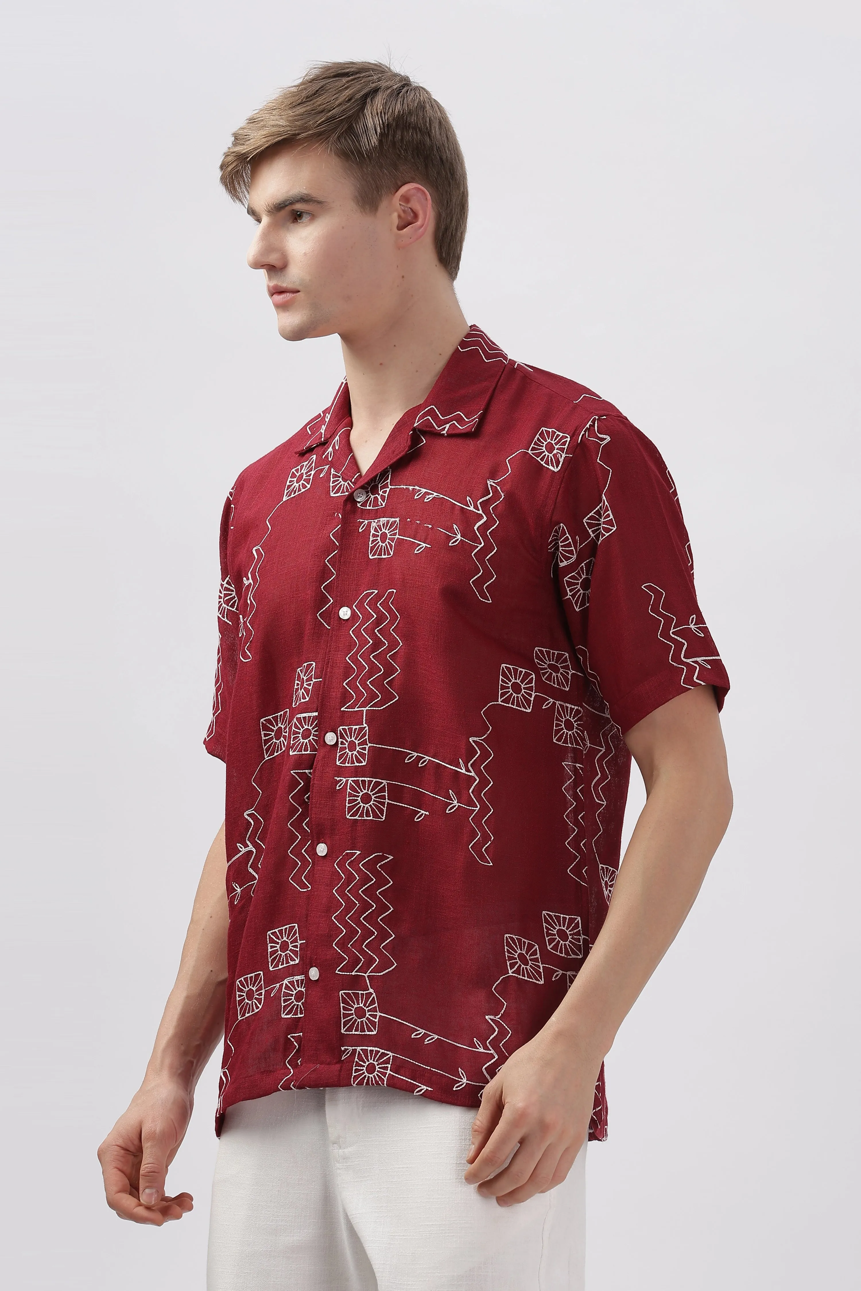 Red abstract linen embroidered half sleeve shirt