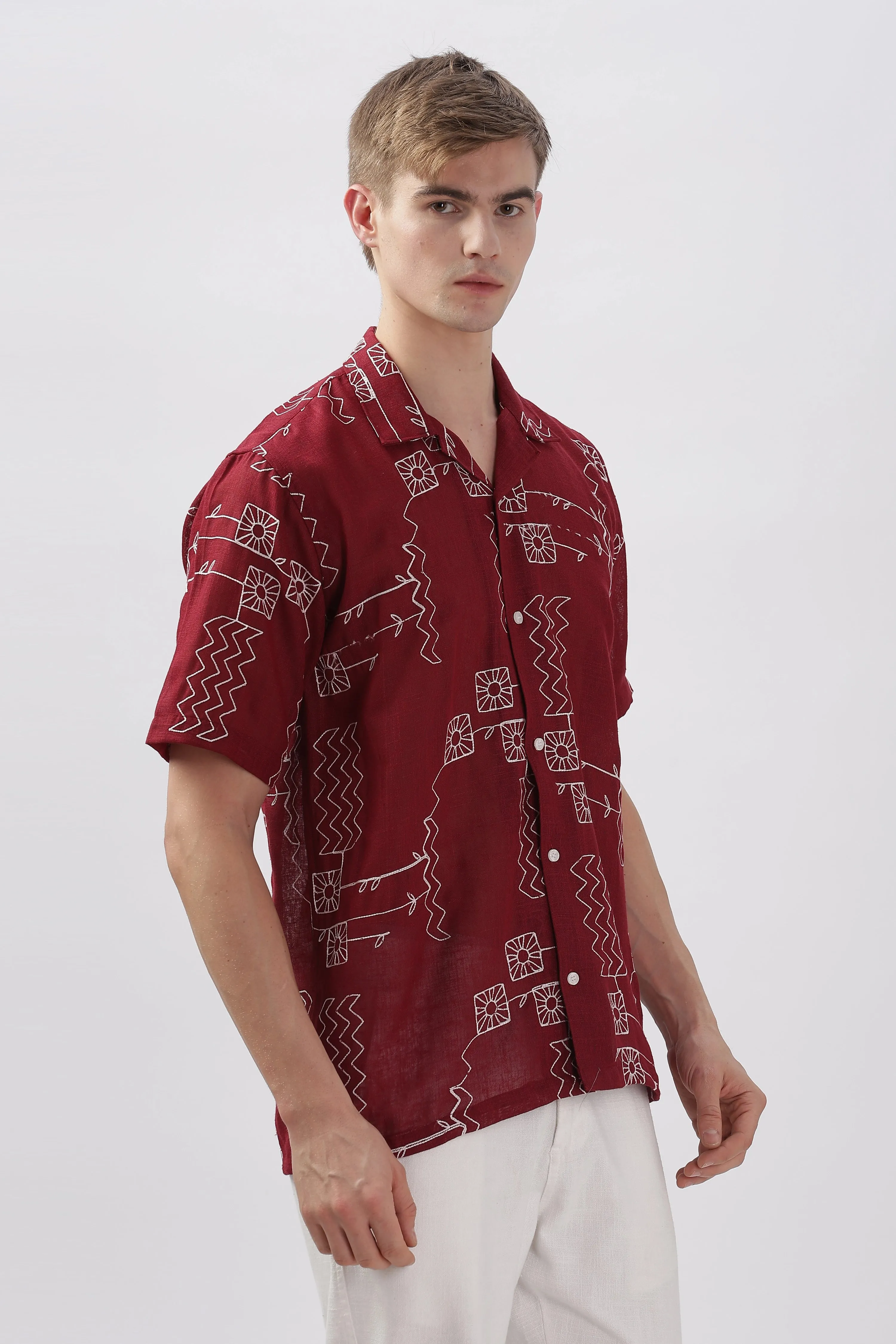 Red abstract linen embroidered half sleeve shirt