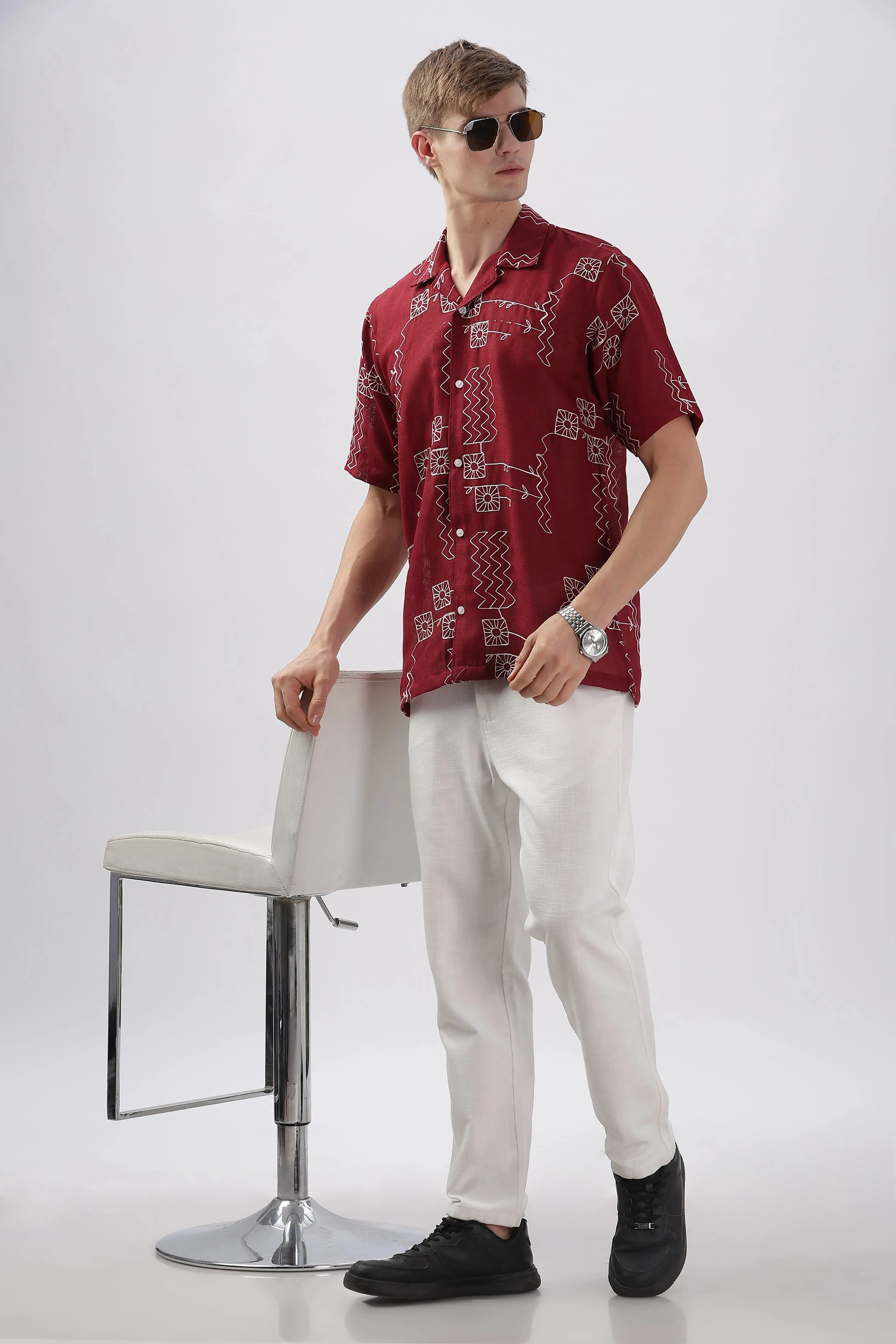 Red abstract linen embroidered half sleeve shirt