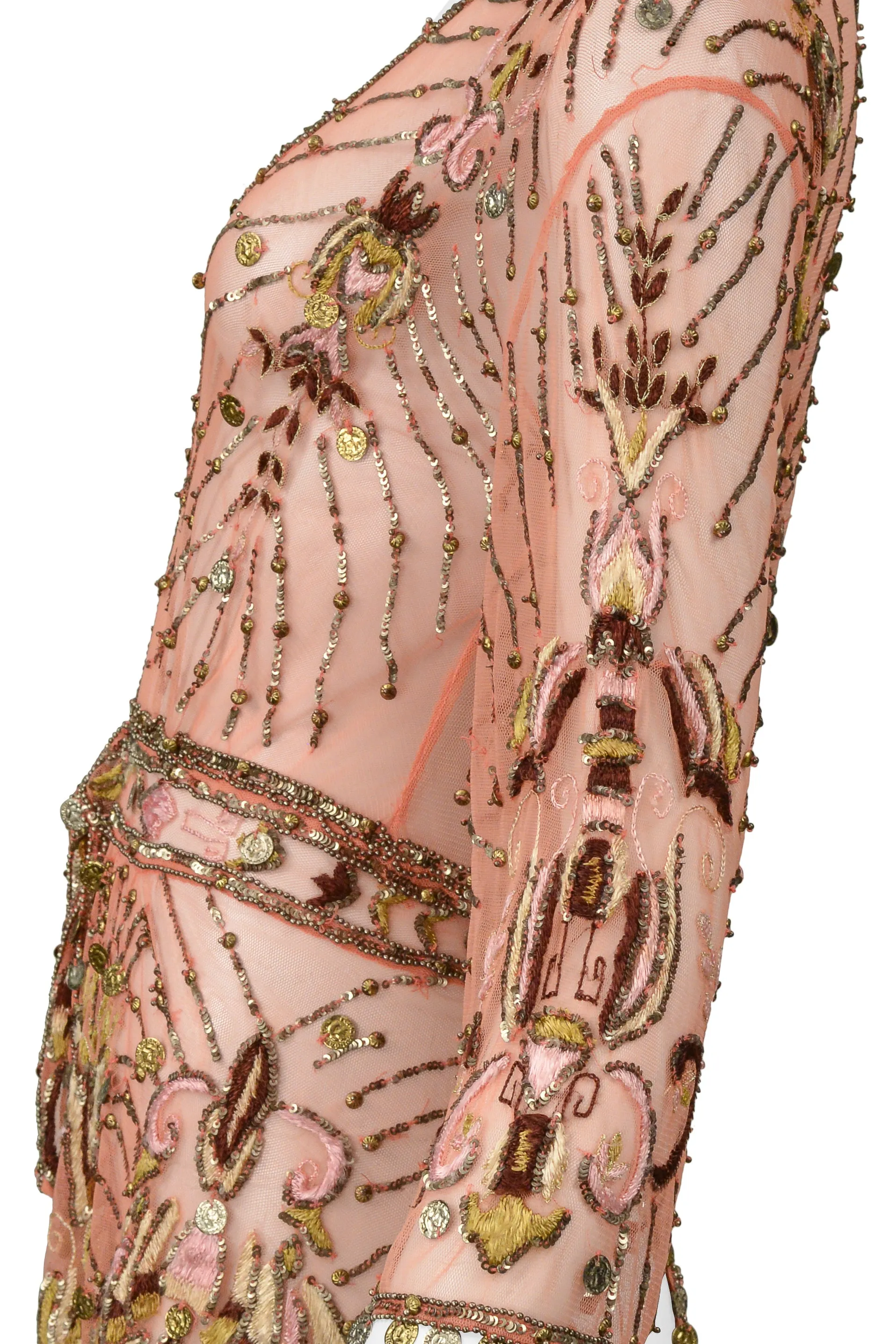 ROBERTO CAVALLI PINK BEADED & EMBROIDERED MESH FANCY JACKET WITH GOLD COINS 2004